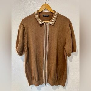 Paul Fredrick Full Zip Knit Polo Sweater Mens L Brown Supima Cotton Golf Preppy